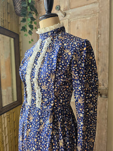 Vintage Prairie Dress High Neck Long Sleeve Maxi Lace Floral Cottagecore 70s