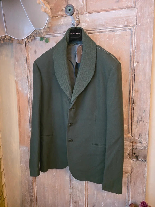 Bottega Veneta Olive Wool Blazer Detachable Ribbed Knit Shawl Collar 44"
