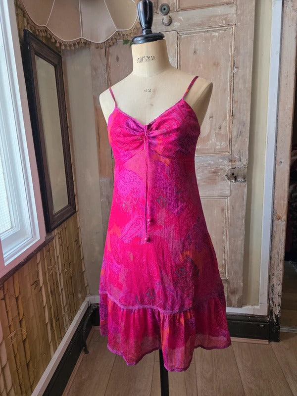 Vintage Y2K fairycore Pink Paisley Slip Dress | Sheer Fairycore Midi | Boho Festival Dress | UK 8