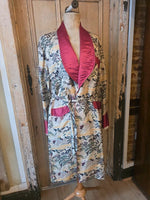 Load image into Gallery viewer, Vintage 1940s Japanese Silk Dressing Gown / Smoking Robe – Scenic Print – Red Satin Trim
