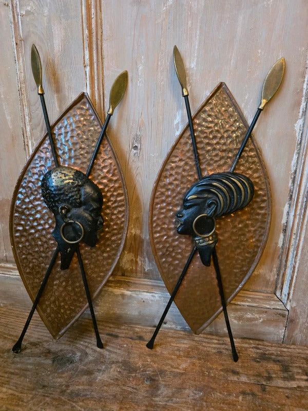 RARE Vintage Pair Richard Rohac Wall Sculptures Bronze Brass Shield Spears Art Deco / Mid Century