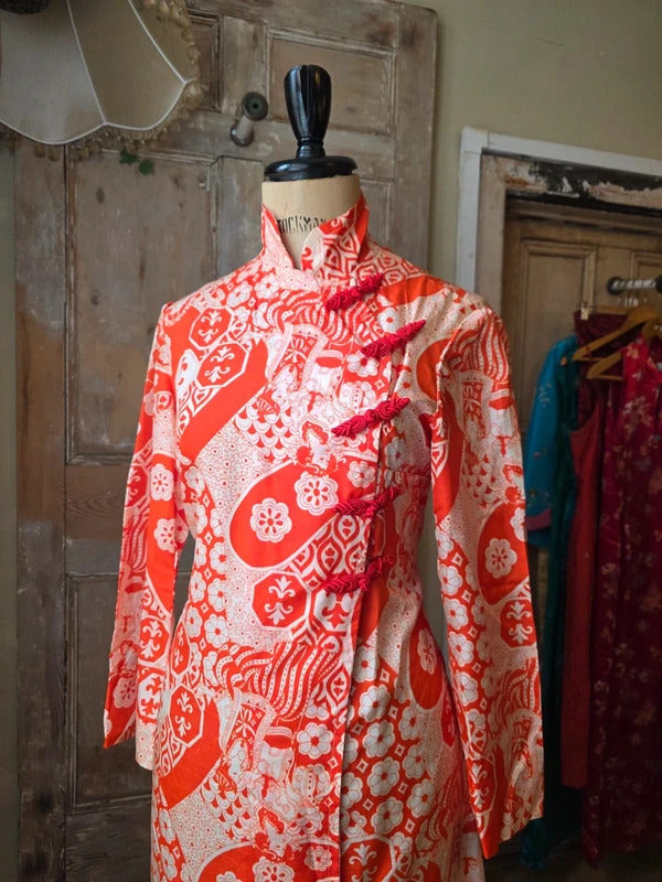 Vintage 1960s Handmade Red & White Print Maxi Dress Uk12