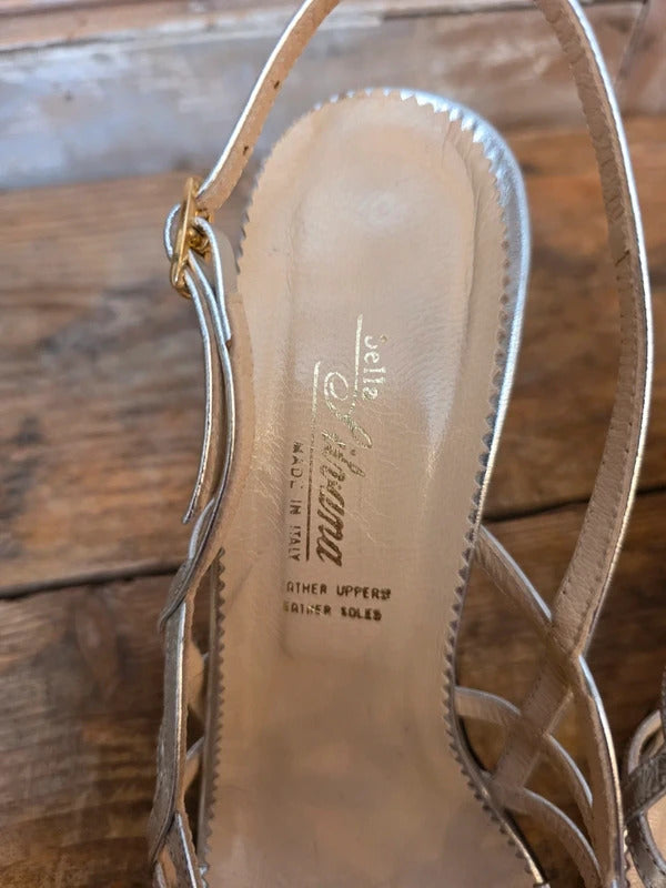 Vintage 60s Italian Silver Lamé Leather Sling Back Heels UK 4 Deadstock