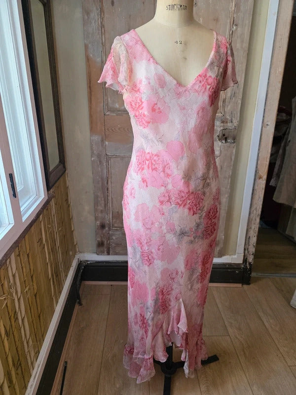 Vintage Y2K fairycore Monsoon Silk Floral Maxi Dress | Bias Cut Cottagecore Gown | UK 14/16