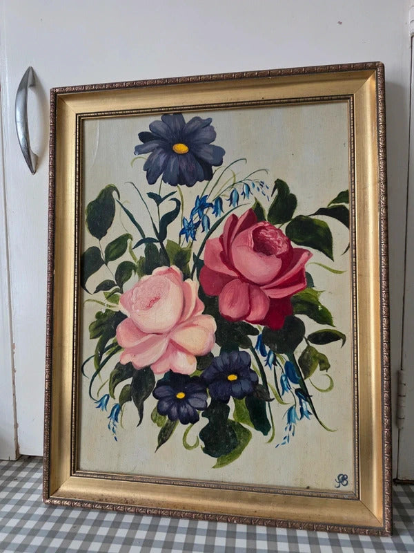 Vintage mid-century century floral oil on board painting
