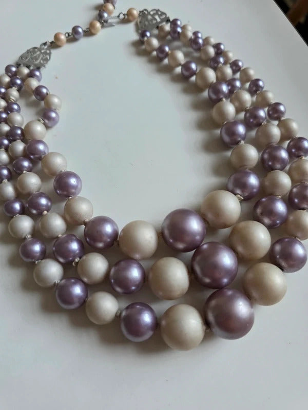 Vintage Late 1950s Faux Pearl Triple Strand Necklace – Lilac & Ivory Collier