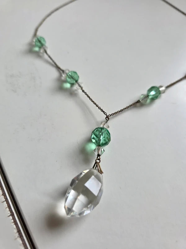 Vintage Art Deco Faceted Glass Drop Necklace – Green & Clear