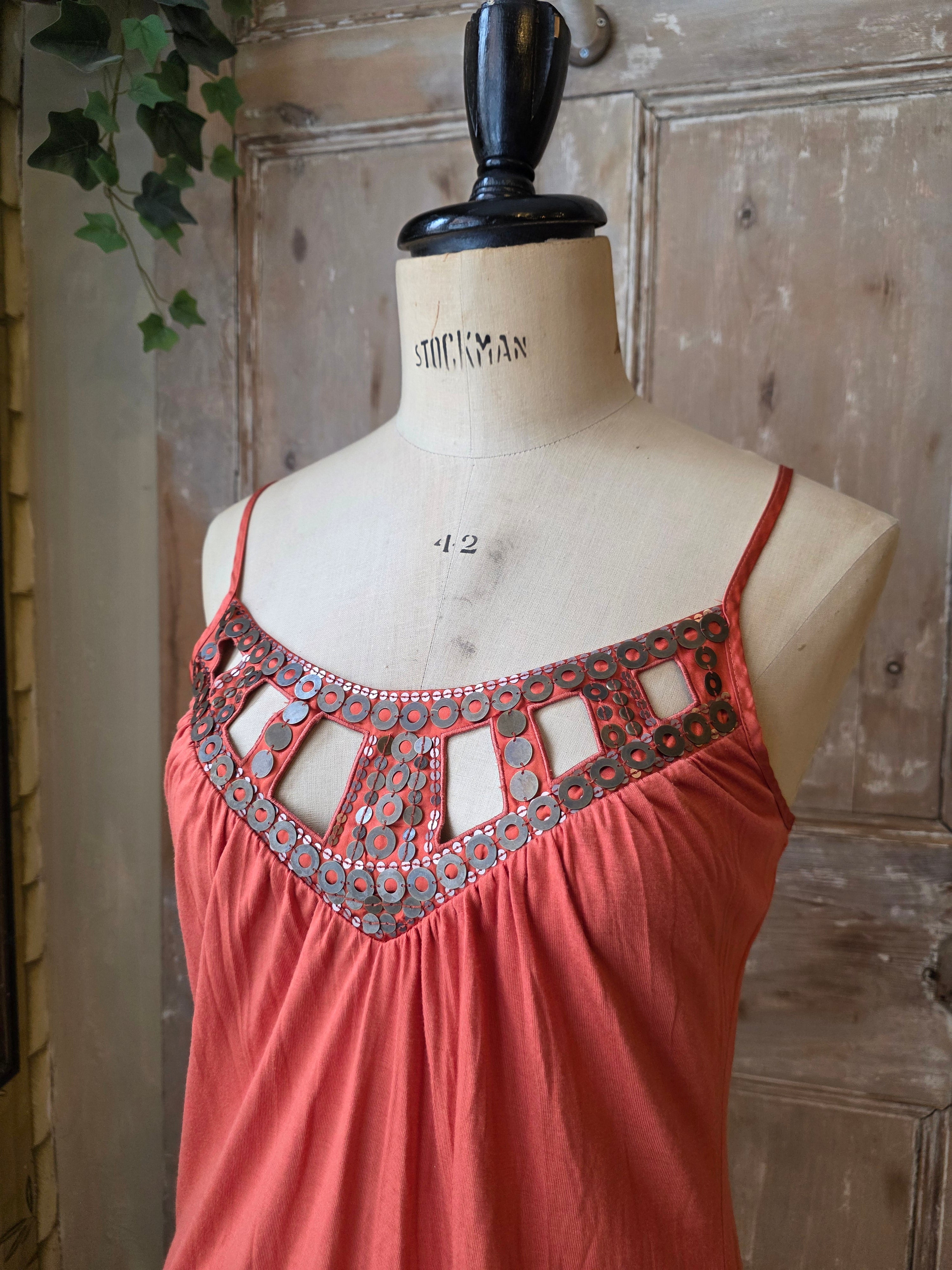 Vintage Y2K 2000s Coral Cami Dress with Bead Cut-Out Detail by Next - UK 12