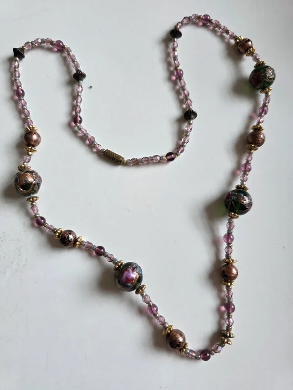 Vintage Venetian Lampwork Glass Bead Necklace – Murano Style, Handblown Art Glass