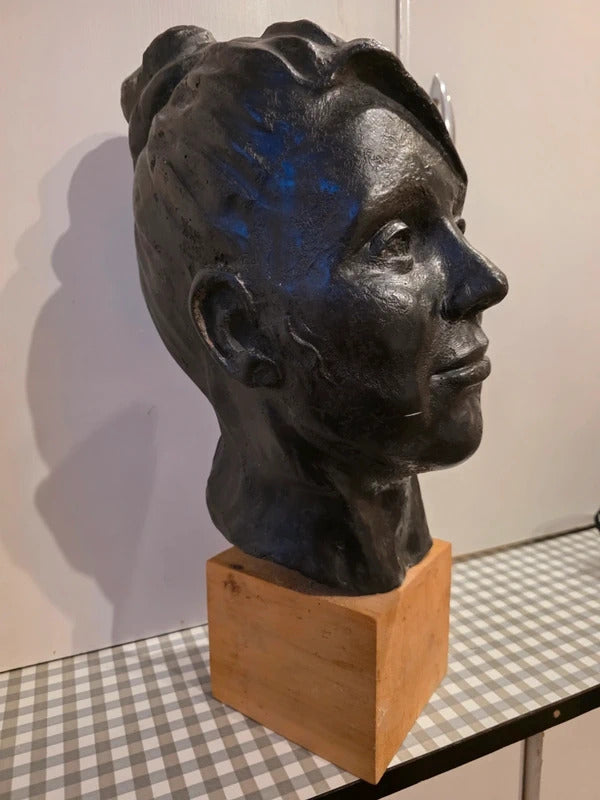 Vintage 1960s 1970s Large Life-Size Head Sculpture on Wooden Plinth – Faux Bronze Finish