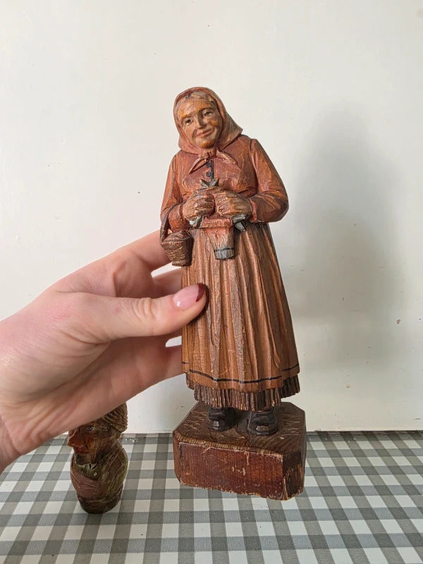 Vintage Hand Carved Folk Art Wooden Figures – Peasant Woman & Novelty Head