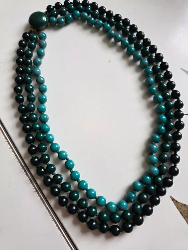 Vintage 1950s–1960s Vintage 3 Strand Green Glass Bead Necklace