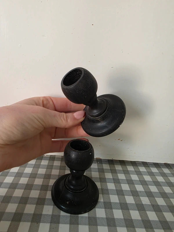 Vintage Hand Turned Wooden Candlesticks – Pair (Ebonised Wood)