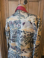 Load image into Gallery viewer, Vintage 1940s Japanese Silk Dressing Gown / Smoking Robe – Scenic Print – Red Satin Trim
