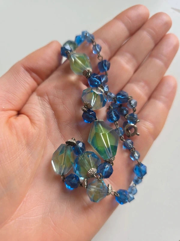 Vintage Czech Bi colour Uranium 1930s Art Deco Faceted Glass Necklace