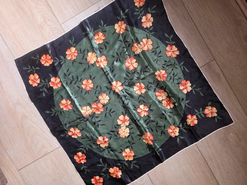 Vintage Silk Floral Scarf - Green & Orange Blossom Print