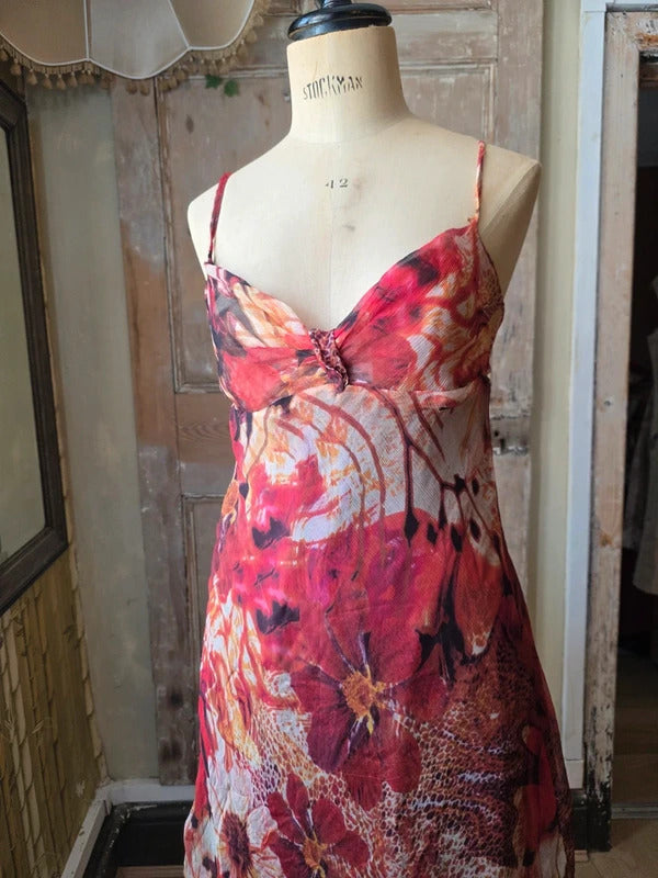 Vintage Y2K fairycore Sandro Ferrone Silk Slip Dress | Red Floral Bias Cut | Made in Italy | Boho Midi | UK 10