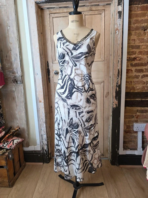 Vintage Y2K Linen Blend Floral Abstract Maxi Dress | Boho Sleeveless | UK 8/10