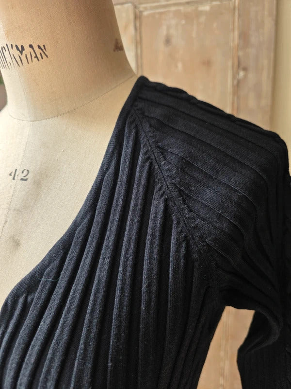 Vintage  y2k Belldini Black Ribbed Zip-Up Knit Cardigan Sweater Cable-Detail Sleeve