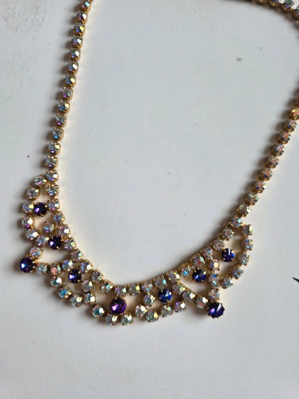 Vintage 1950s Aurora Borealis & Purple Rhinestone Necklace