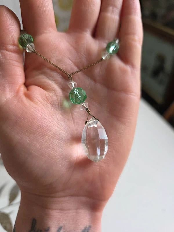 Vintage Art Deco Faceted Glass Drop Necklace – Green & Clear