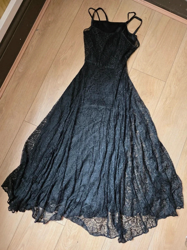Antique Vintage 1930s Black Satin and Lace Gown Maxi