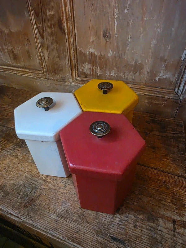 Vintage Mid Century 1950s 1960s Handmade Wooden Kitchen Canisters – Colourful Storage Jars Set