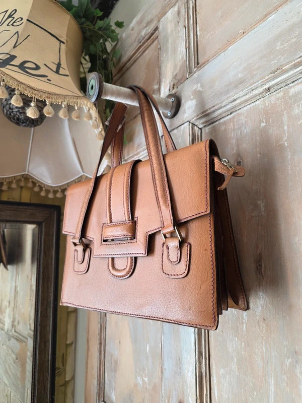 Vintage 1970s Tan Leather Satchel Contrast Stitch Briefcase Bag