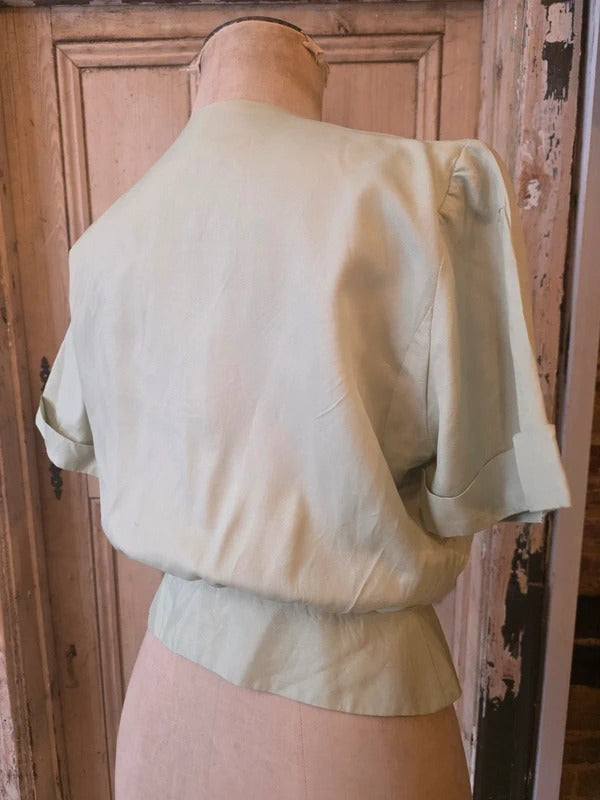 Vintage 1950s Pale Green Fitted Blouse – Charles Hire Worthing, Button Front, Cinched Waist