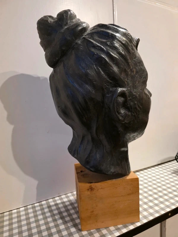 Vintage 1960s 1970s Large Life-Size Head Sculpture on Wooden Plinth – Faux Bronze Finish
