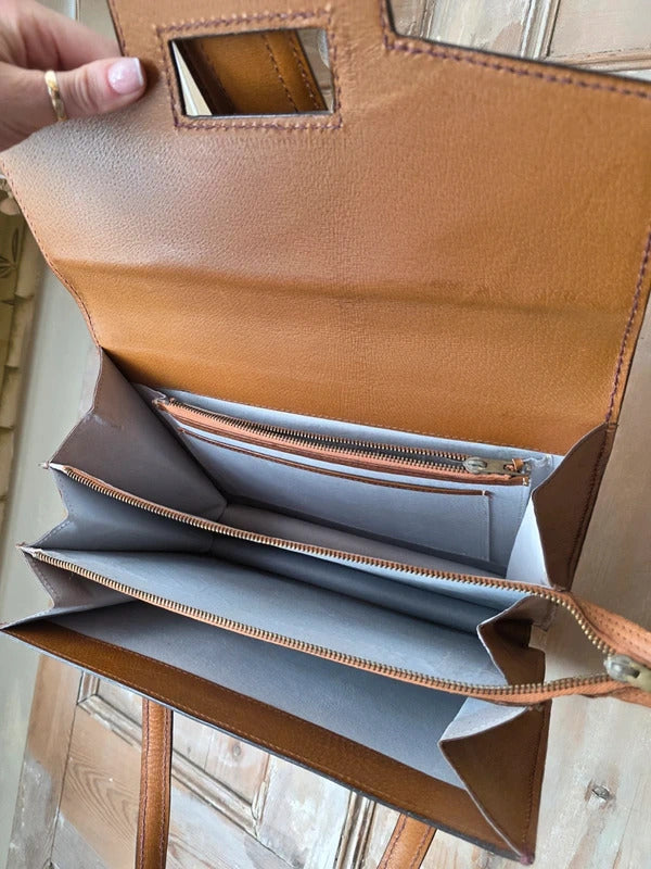 Vintage 1970s Tan Leather Satchel Contrast Stitch Briefcase Bag
