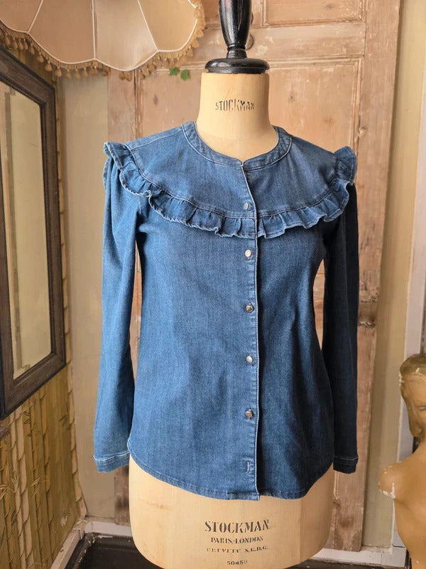Vintage Y2K Kanopé French Ruffle Denim Blouse | Chambray Frill Collar Top | UK 8–10