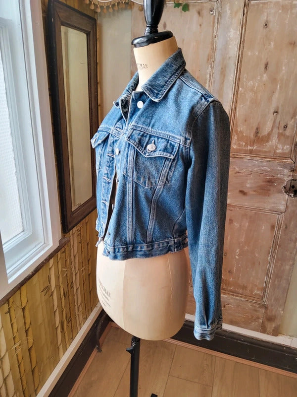 Vintage Y2K Cropped Denim Jacket Green Jeans Streetwear Mid Wash Blue Size S