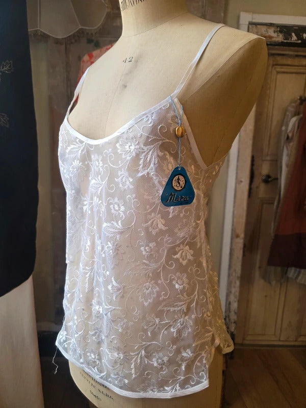 Vintage 1960s White Floral Lace Cami Deadstock Sheer Mesh Camisole Top Slip Lingerie Italian