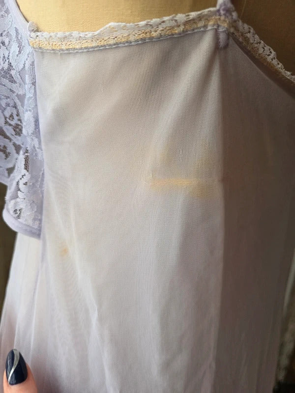 Lilac Maxi Nightgown Vintage 1970s Sheer Nylon with Lace Ruffle