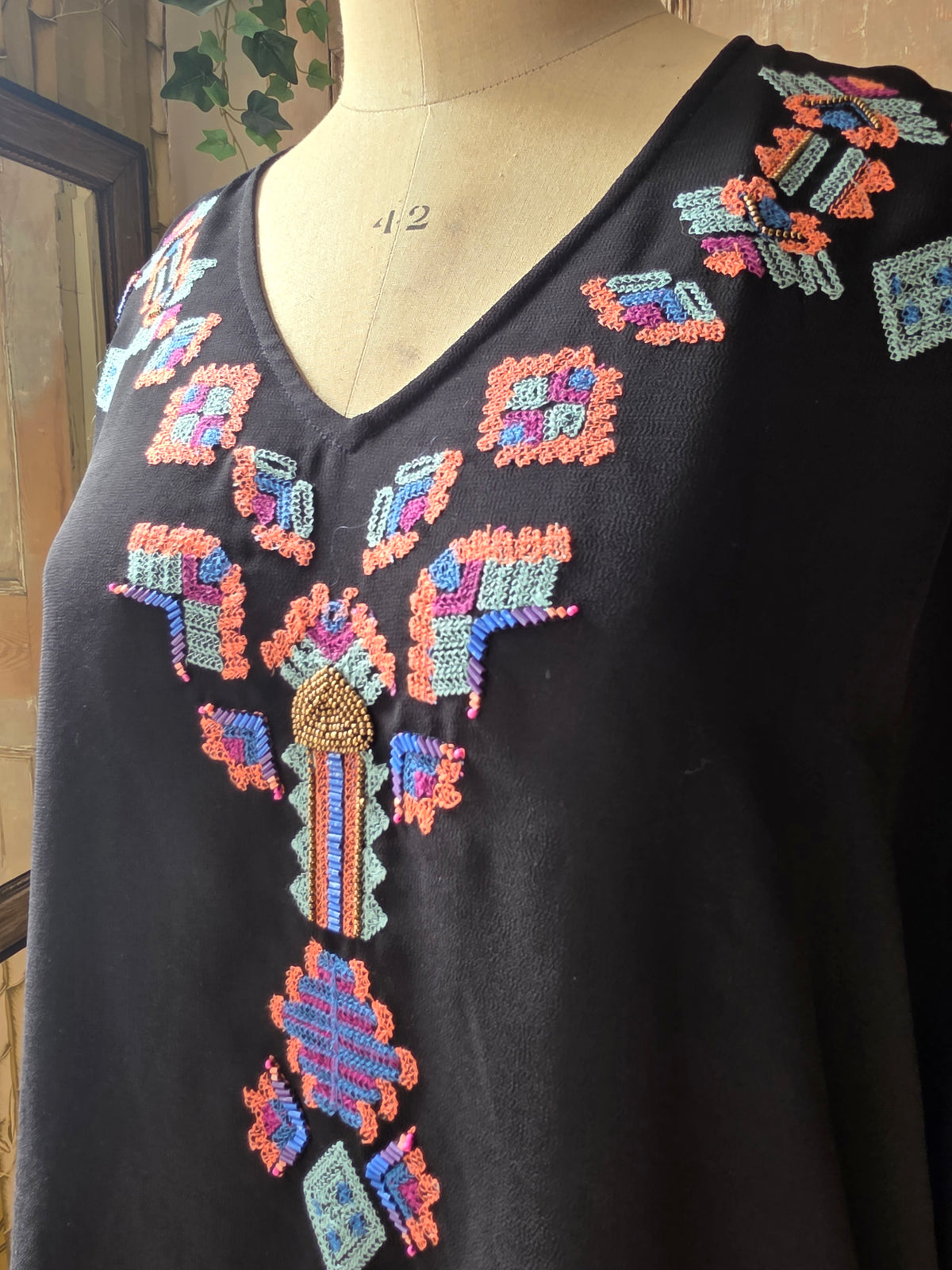 Vintage Biba Aztec Embroidered Beaded Top with Fringe Sleeves – Size 16