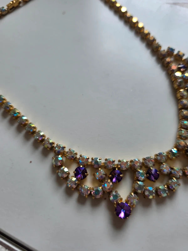Vintage 1950s Aurora Borealis & Purple Rhinestone Necklace