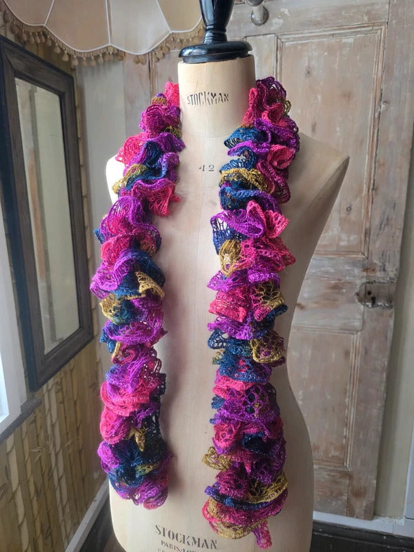 Vintage Y2K Multi-Coloured Crochet Skinny Ruffle Scarf
