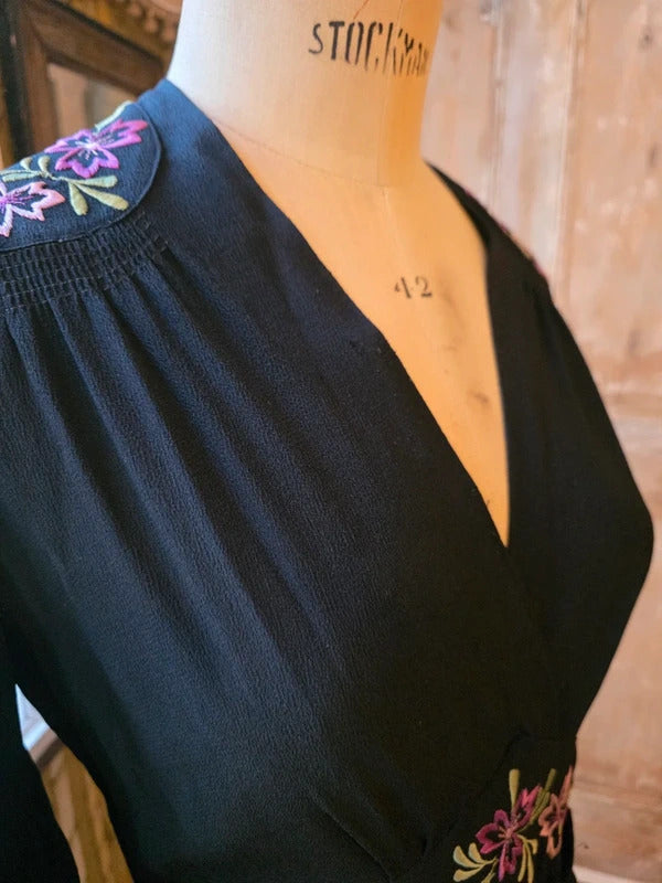 Vintage 1930s Black Crepe Dress Floral Embroidery Wrap Neckline Make Do And Mend UK 12