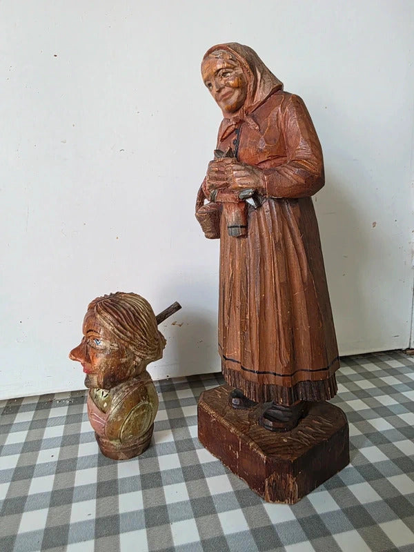 Vintage Hand Carved Folk Art Wooden Figures – Peasant Woman & Novelty Head