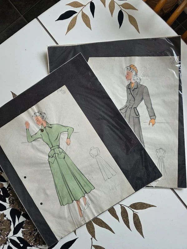 Pair of Original 1940s French Fashion Sketches (x2)