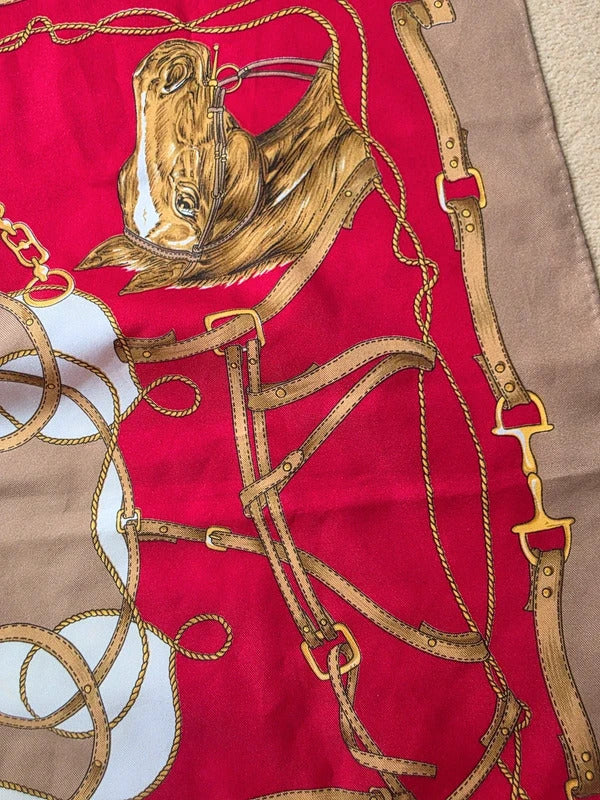 Vintage Hand Rolled Silk Equestrian Scarf – Bridle & Horse Print