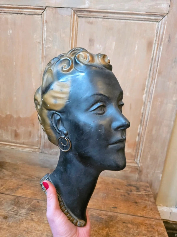 Vintage Art Deco Style Chalkware Female Bust – 1930s/40s Wall Mask