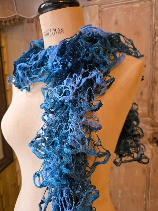 Vintage Y2K Ruffle Skinny Scarf | Crochet Knit Frilly Scarf | Boho Festival Accessory s