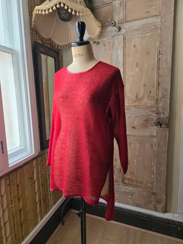 Vintage Red Italian Boucle Wool & Silk Sheer Jumper Large