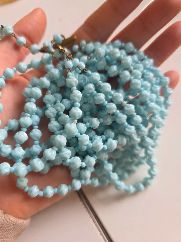 Vintage 1950s Czech Blue Milk Glass Multi Strand Necklace