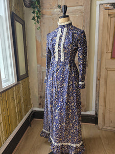 Vintage Prairie Dress High Neck Long Sleeve Maxi Lace Floral Cottagecore 70s