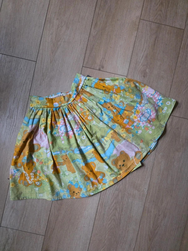 Vintage Handmade Novelty Print Cotton Skater Skirt | Teddy Bear Picnic | Upcycled | UK 8–10