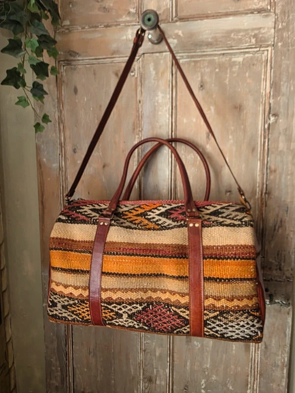 New Handmade Wool Leather Travel Bag Kilim Weekender Overnight Holdall
