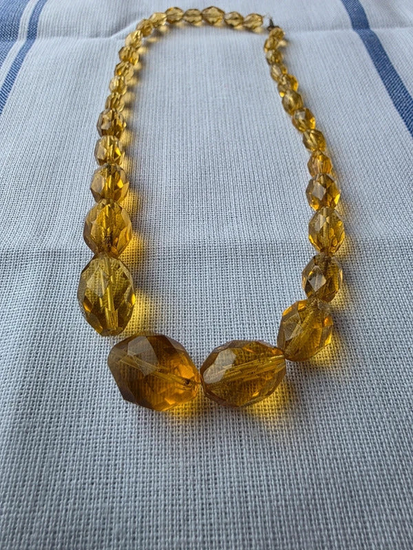 1930s Citrine Glass Necklace Art Deco Faceted Amber Yellow Bead Necklace